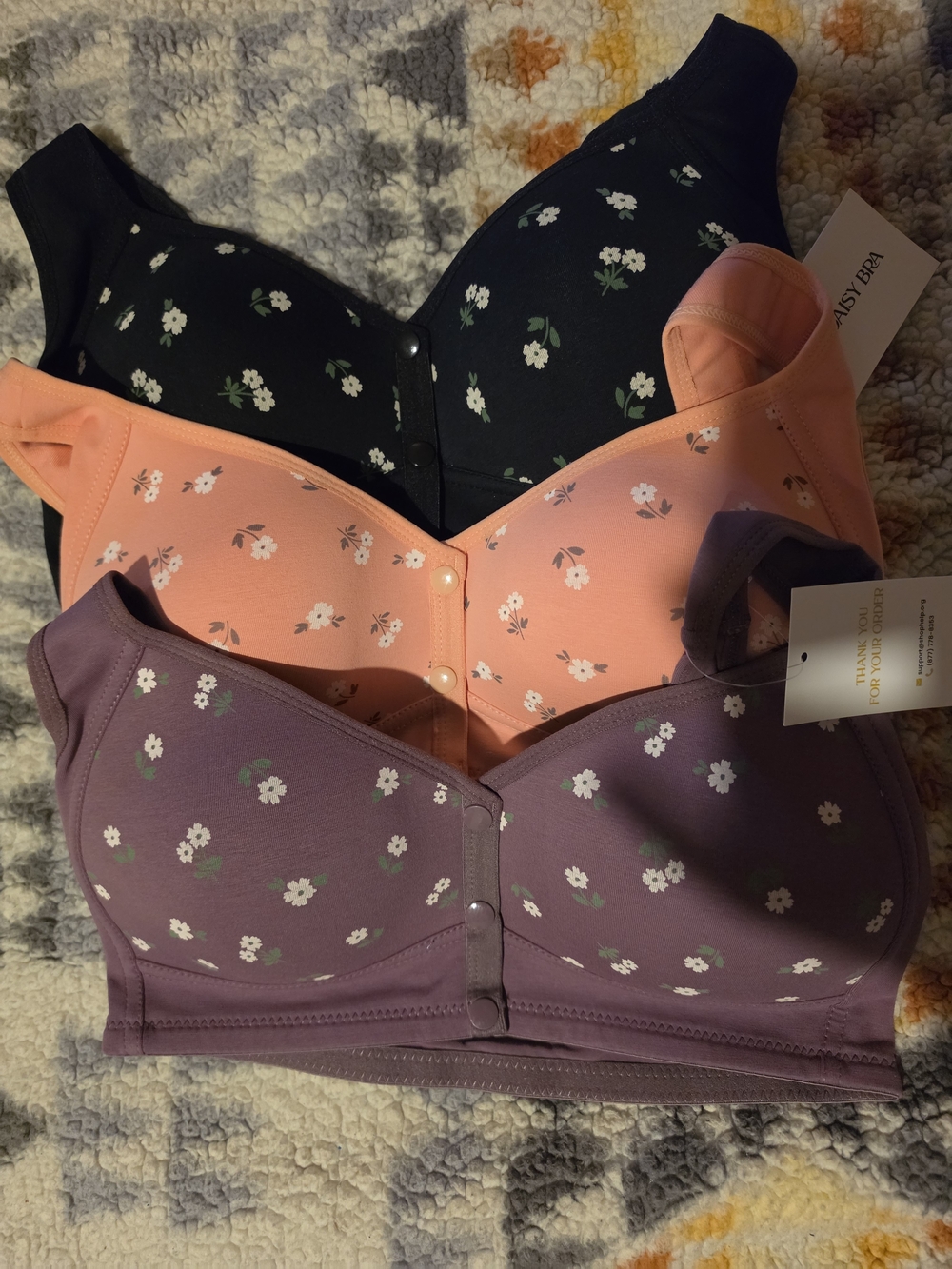 Daisy Front-Closure Floral Bras in Black, Peach & Purple